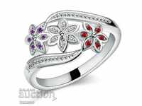 Ring with crystals and flowers, silver-plated