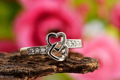 Ring of two hearts with zircons, silver-plated