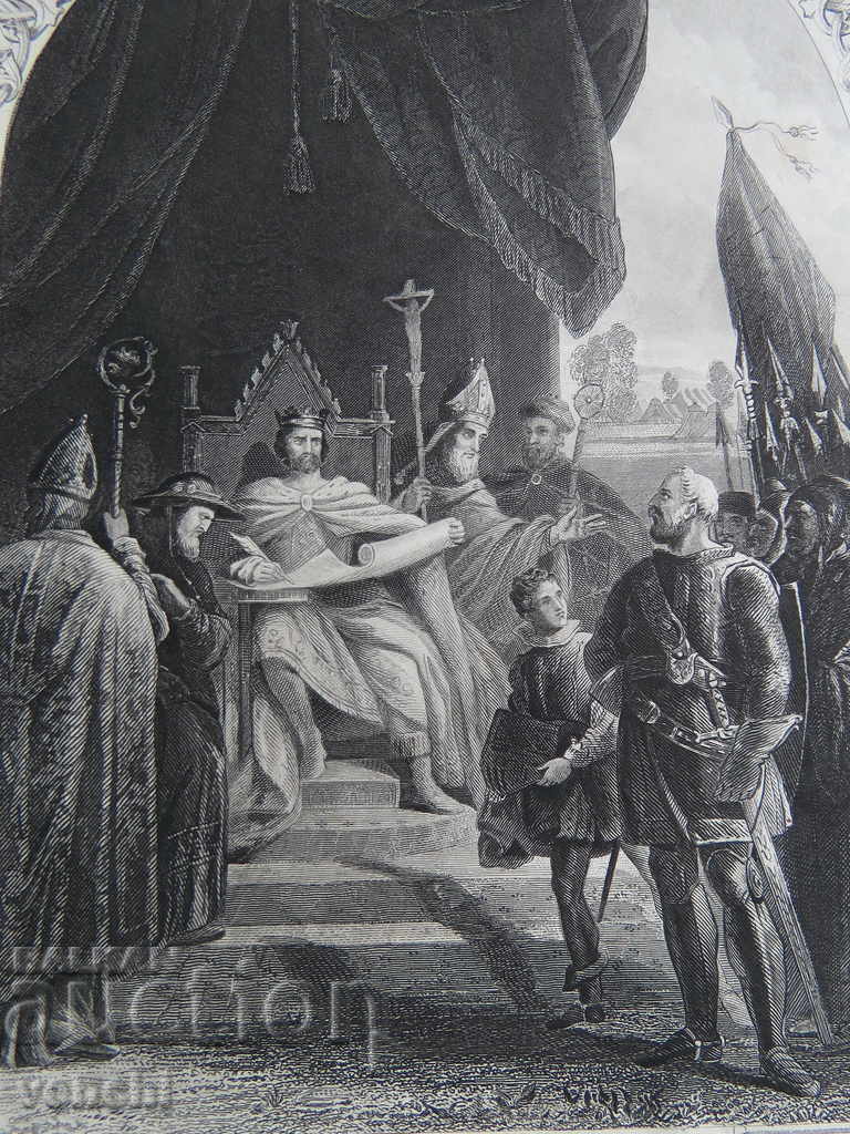 1876 - GRAVURA - Regele Ioan semnează Magna Carta - ORIGINAL