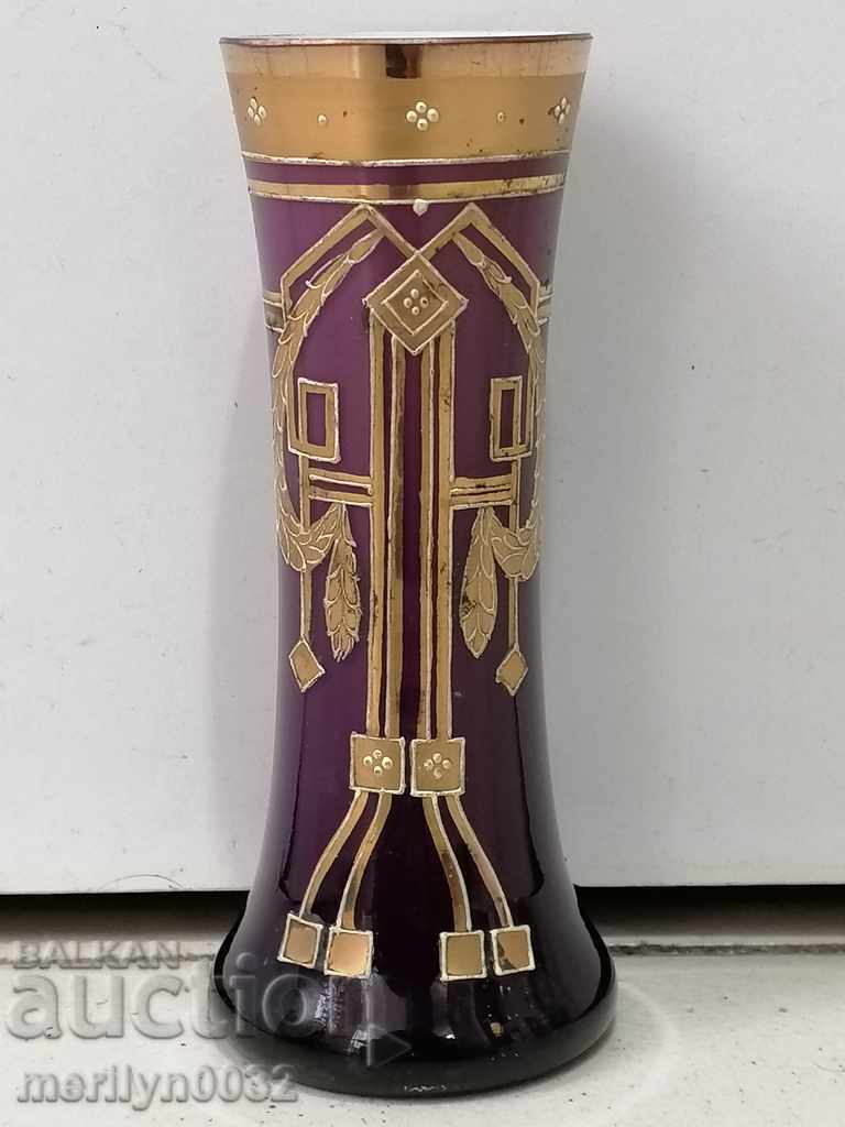 Old vase purple glass with hand-painted gilding Old vase purple glass with hand-painted gilding