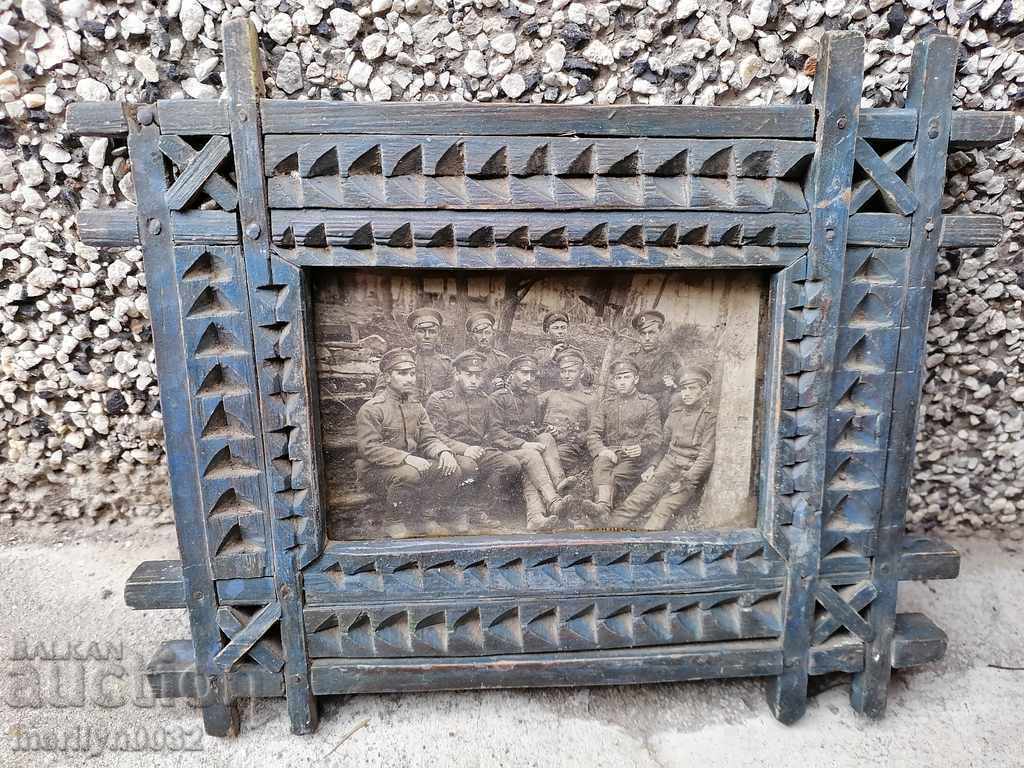 Military photo in a frame shepherd's carving WW1 UNIQUE