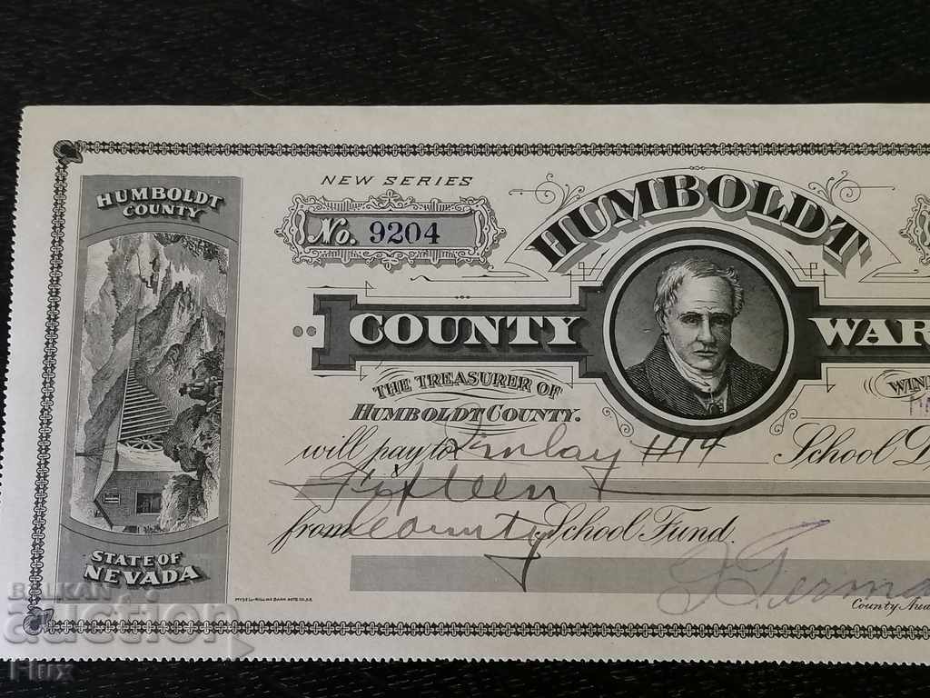 Humboldt Warrant - Nevada ($ 15) 1917 with price 25.00 BGN | € 12.78 Humboldt Warrant - Nevada ($ 15) 1917 with price 25.00 BGN | € 12.78