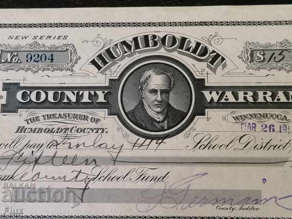 Delivery of Humboldt Warrant - Nevada ($ 15) 1917 Delivery of Humboldt Warrant - Nevada ($ 15) 1917