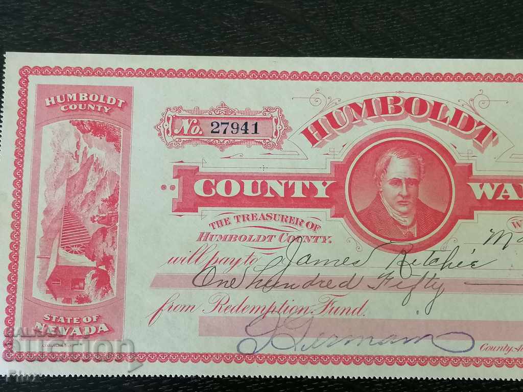 Humboldt Warrant - Nevada ($ 130) 1920 with price 25.00 BGN | € 12.78 Humboldt Warrant - Nevada ($ 130) 1920 with price 25.00 BGN | € 12.78