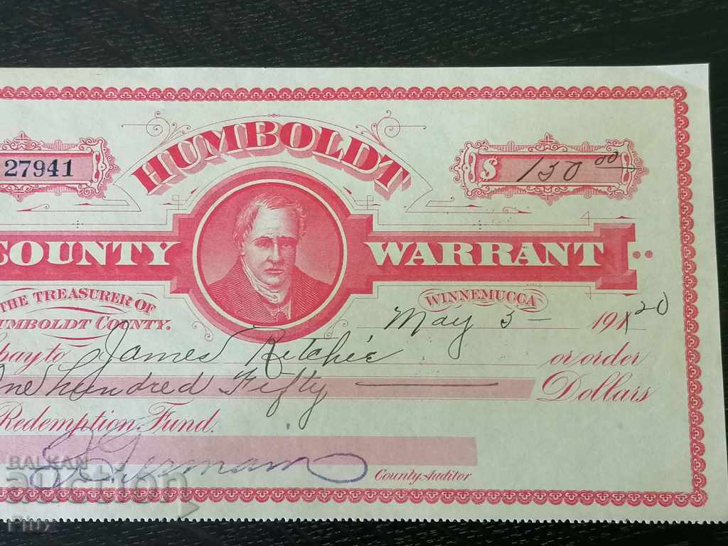 Auction Humboldt Warrant - Nevada ($ 130) 1920 Auction Humboldt Warrant - Nevada ($ 130) 1920