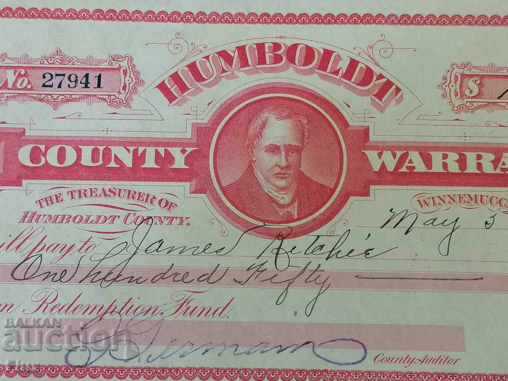 Delivery of Humboldt Warrant - Nevada ($ 130) 1920 Delivery of Humboldt Warrant - Nevada ($ 130) 1920