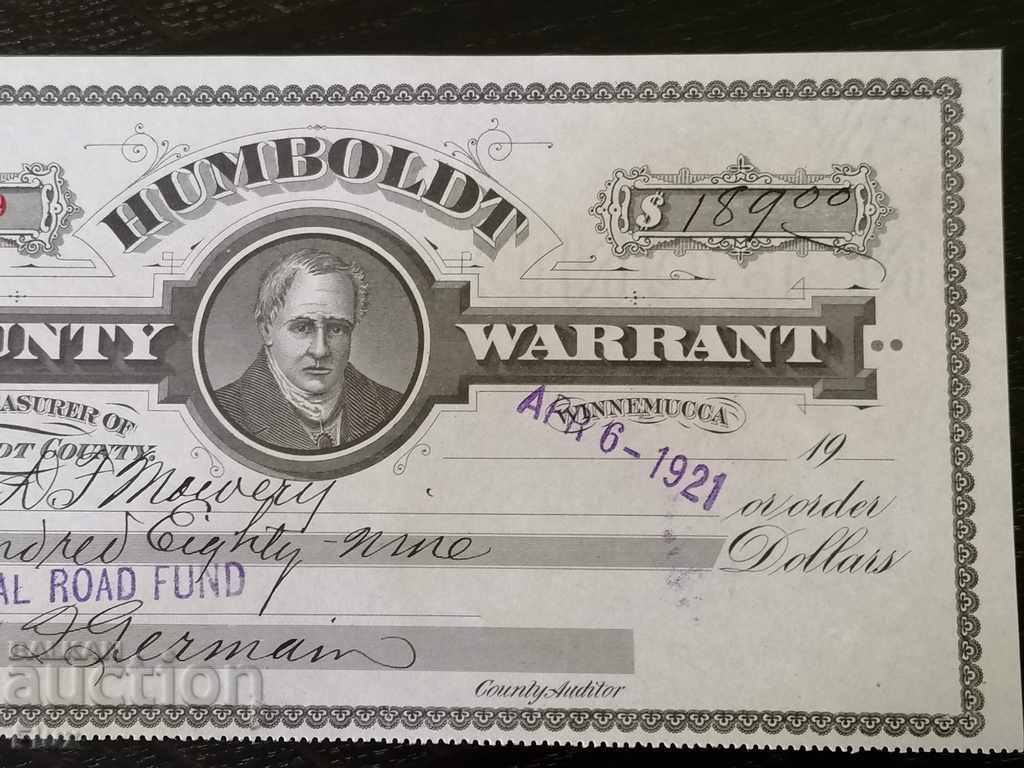 Auction Humboldt Warrant - Nevada ($ 130) 1921 Auction Humboldt Warrant - Nevada ($ 130) 1921