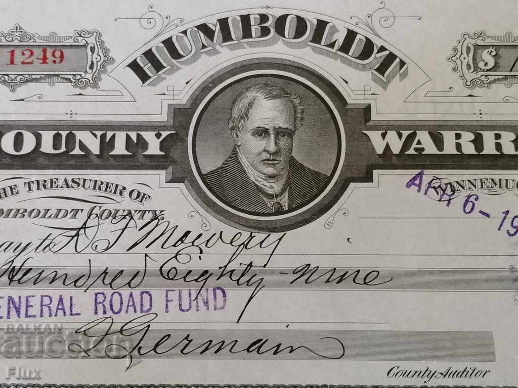 Delivery of Humboldt Warrant - Nevada ($ 130) 1921 Delivery of Humboldt Warrant - Nevada ($ 130) 1921