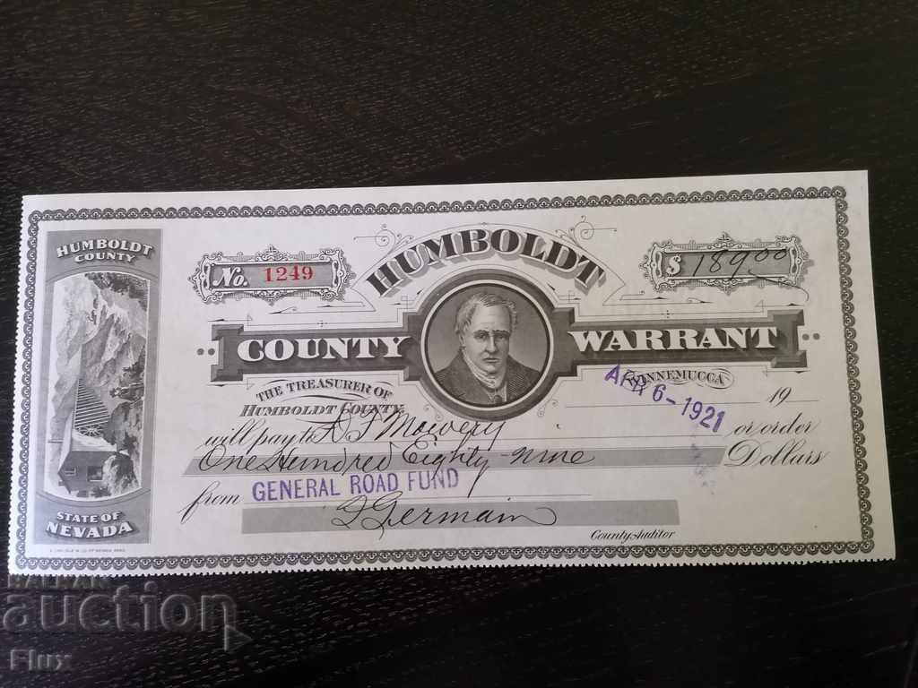 Mandat Humboldt - Nevada (130 USD) 1921