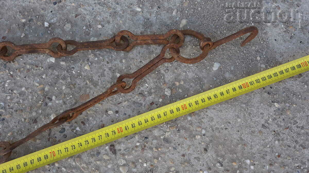 Auction Old forged chain with hook, hearth for hearth chain hook Auction Old forged chain with hook, hearth for hearth chain hook