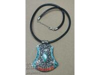 Silver Tibetan Pendant Necklace with Turquoise and Red Coral