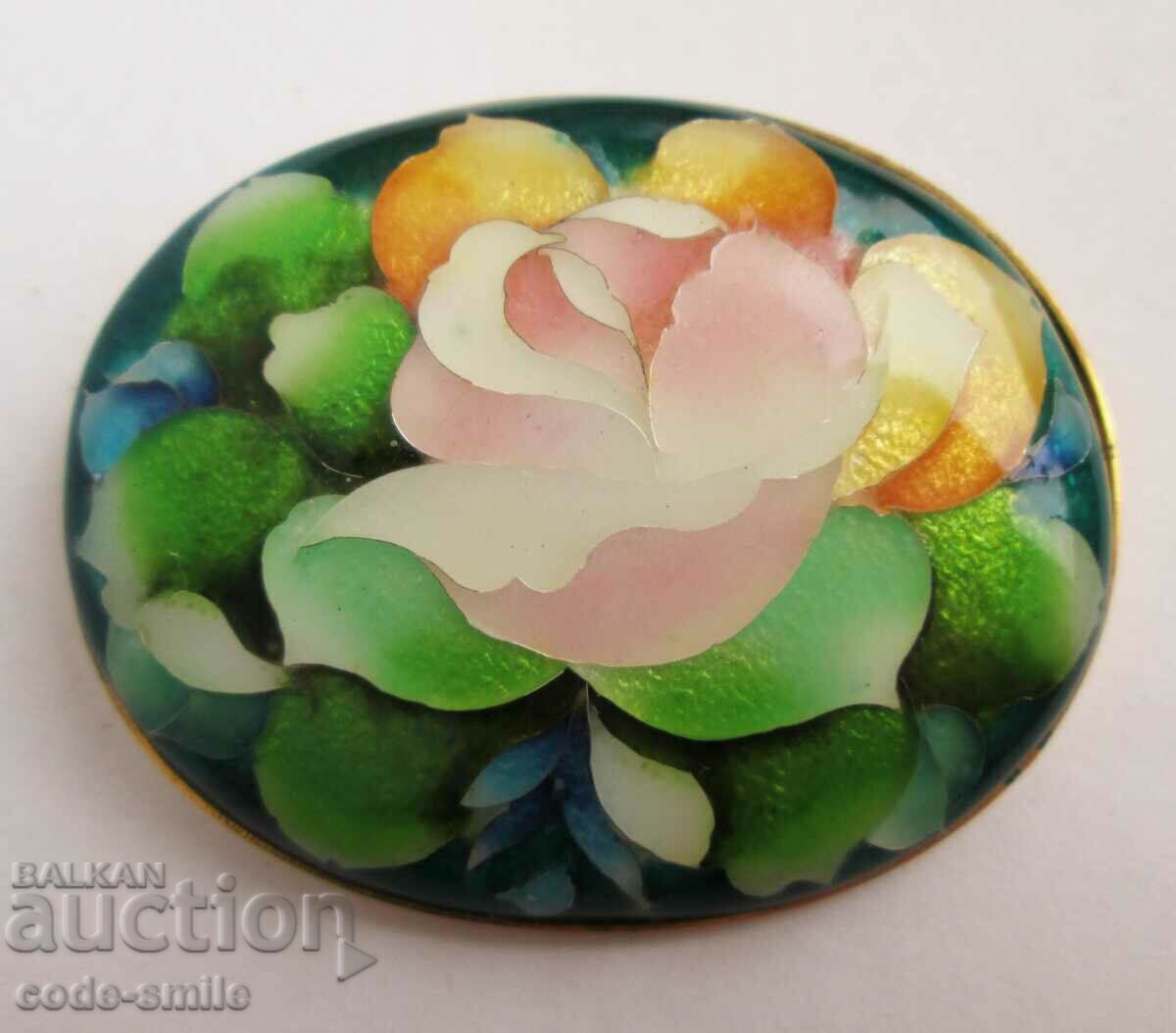 Unique floral women's brooch with painted enamel and gilding