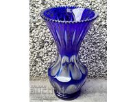 Vaza boema cristal albastru sticla cobalt inaltime 21,5 cm