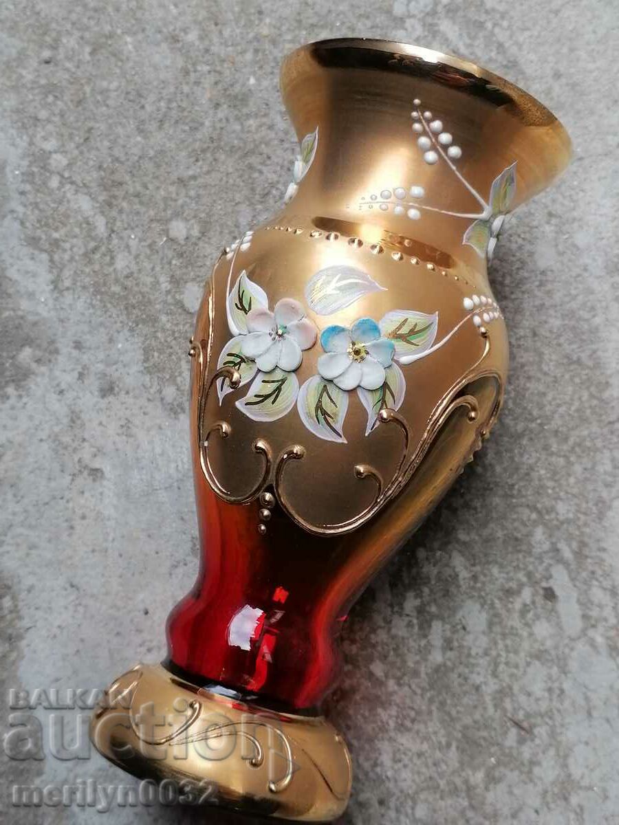 Vasă din sticlă de boemă aurit Cehoslovacia înălțime 20,5 cm