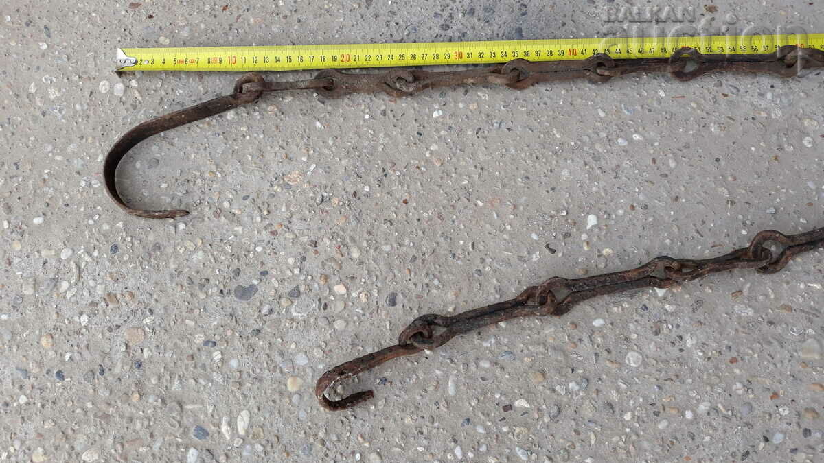 Auction  Old forged chain with hook, hearth for hearth chain hook