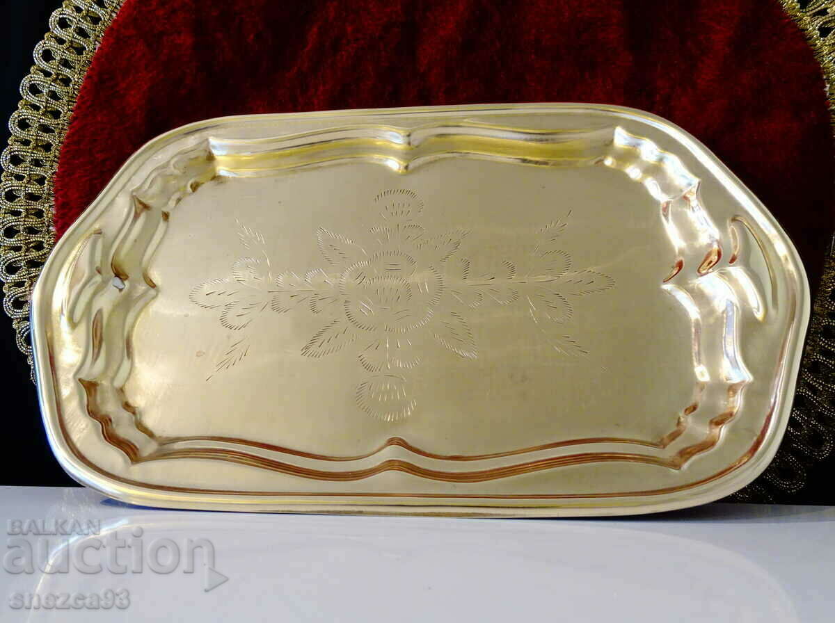 Tray, brass plate, engraved.