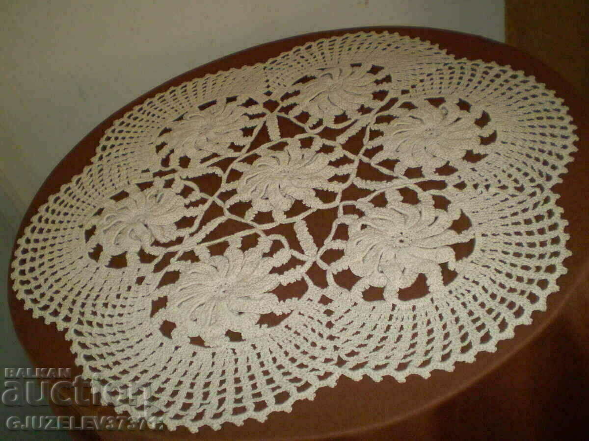 Винтидж ръчно плетена памучна кръгла покривка за маса