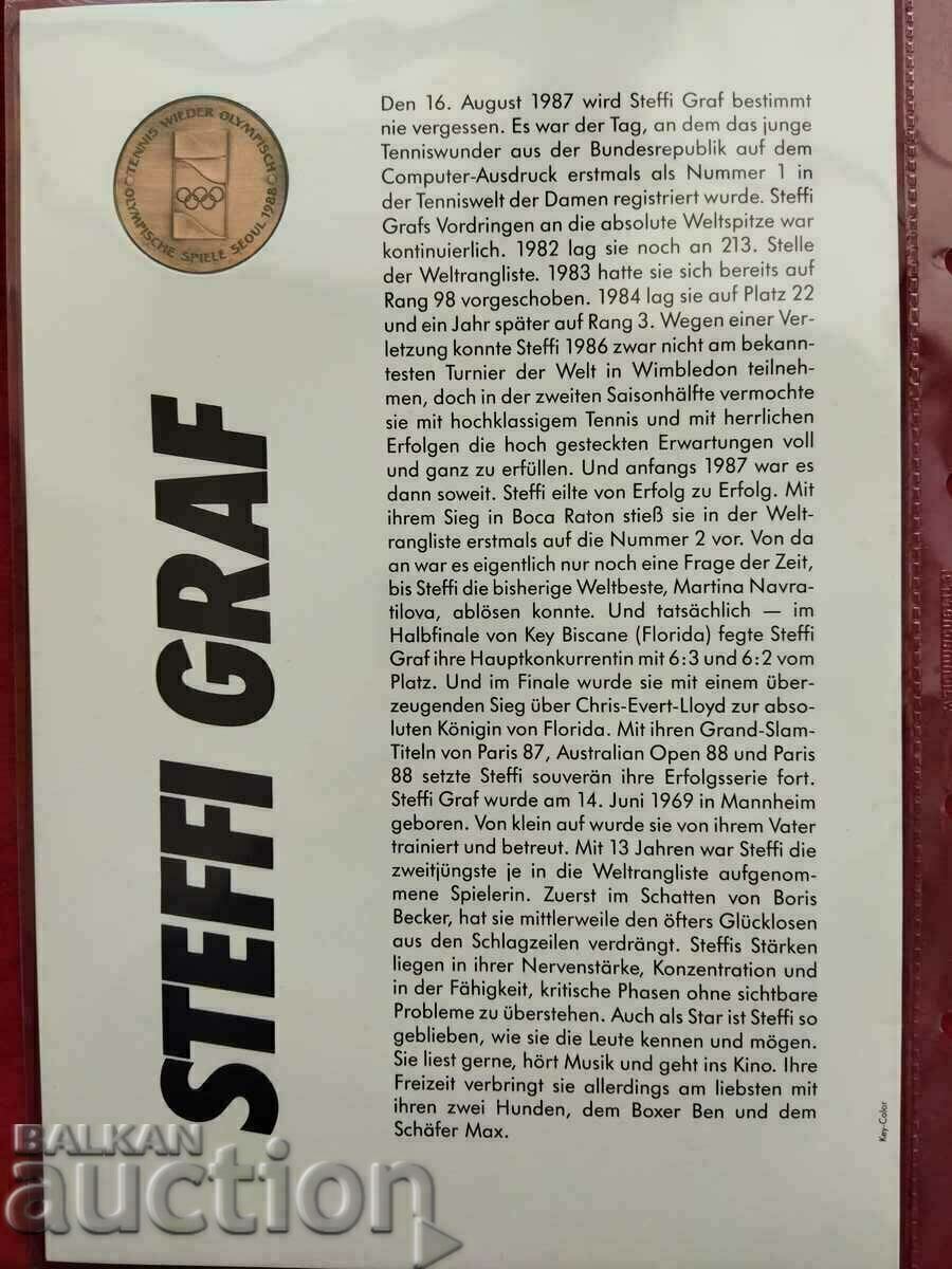 Παράδοση Πλακέτα Steffi Graf με μπροσούρα από το 1988. Παράδοση Πλακέτα Steffi Graf με μπροσούρα από το 1988.