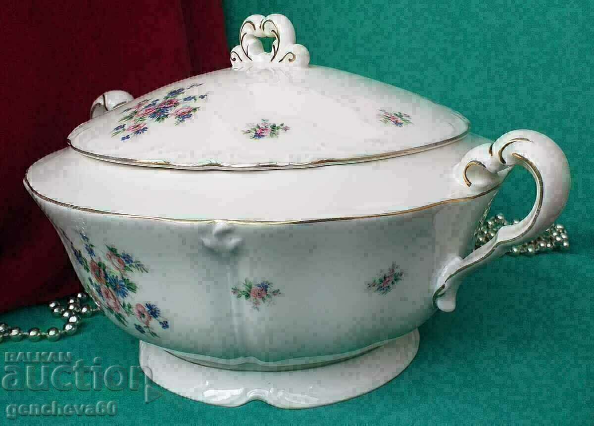 Baroque soup bowl, floral motifs, marked MZ - 6