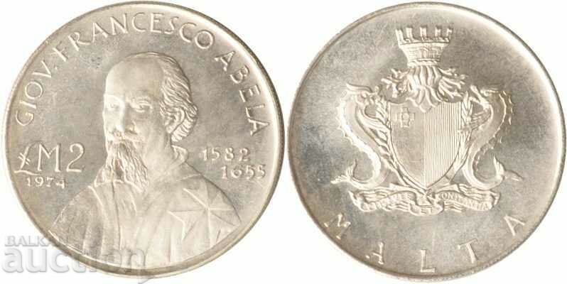 Moneda de argint necirculantă din 1974 de 2 lire Malta
