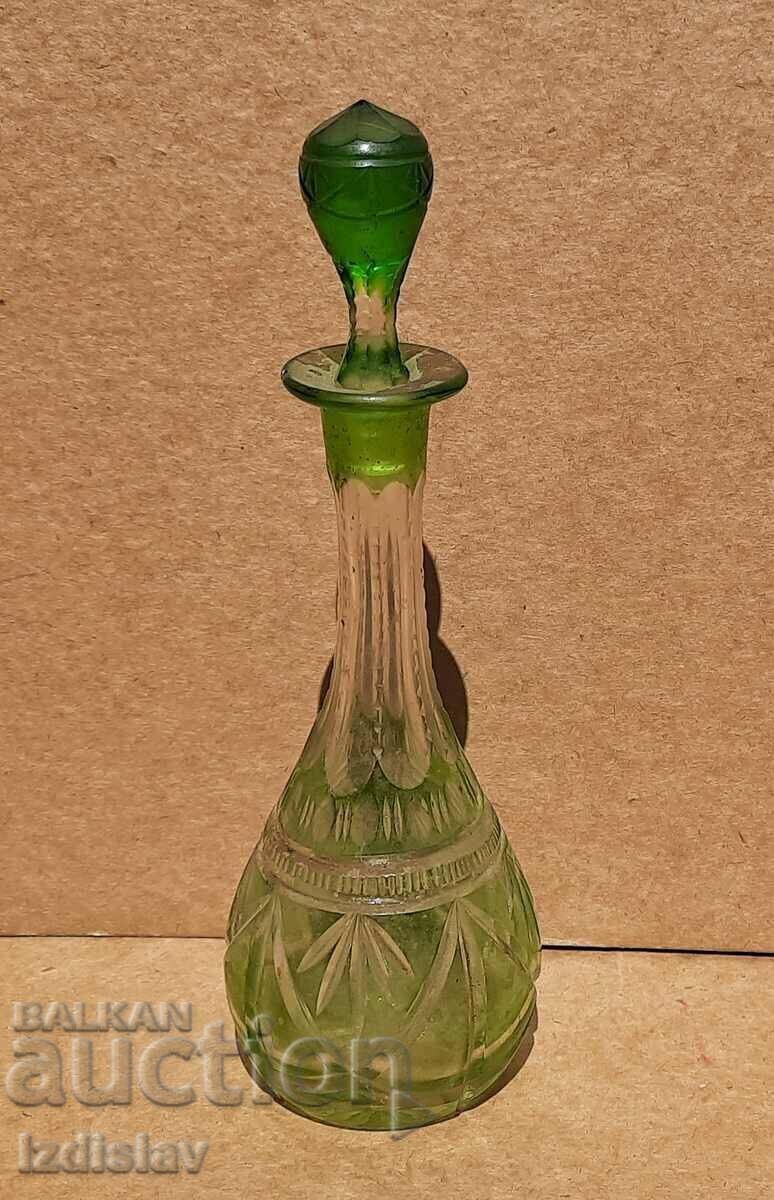 Unique bottle of green glass hand engraved