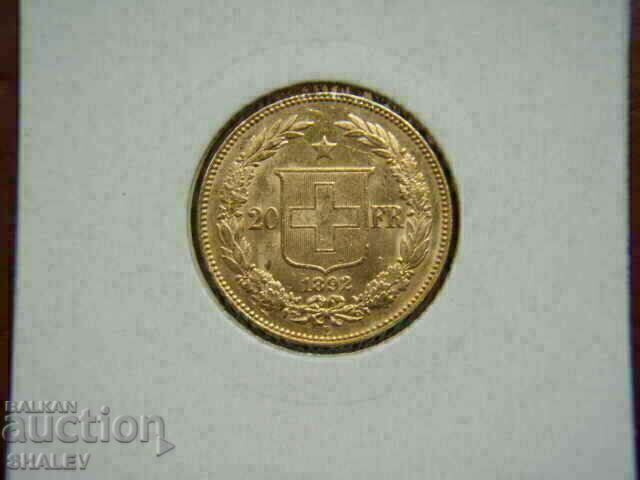 20 φράγκα 1892 Ελβετία (20 φράγκα Ελβετία) - AU (χρυσός)