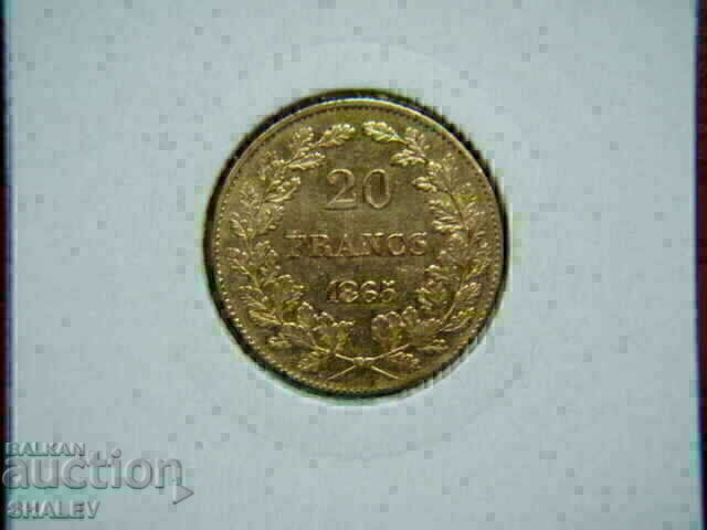 Livrarea 20 Franci 1865 Belgia RARE - AU (Aur)