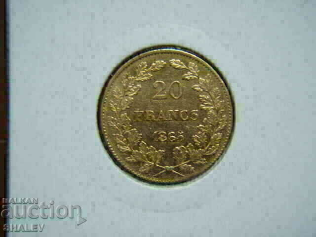 20 Franci 1865 Belgia RARE - AU (Aur)