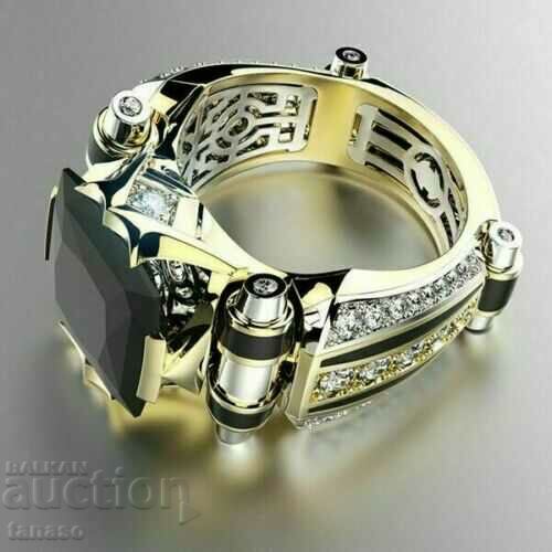 Men's steampunk ring with black sapphire and zircons, gilding with price 25.00 BGN | € 12.78