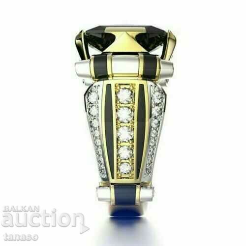 Доставка на Мъжки пръстен стиймпънк с черен сапфир и циркони, позлата