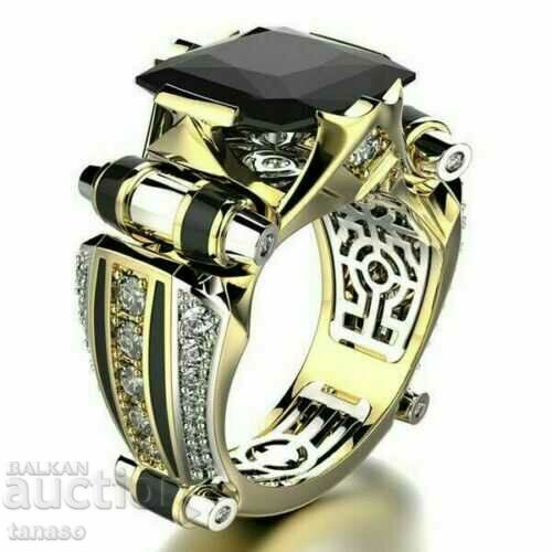 Men's steampunk ring with black sapphire and zircons, gilding