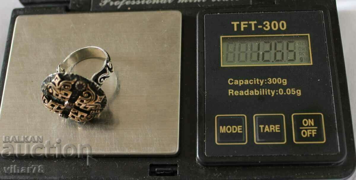 OLD SILVER RING WITH GOLD AND STONES - 5 OLD SILVER RING WITH GOLD AND STONES - 5