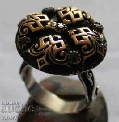 OLD SILVER RING WITH GOLD AND STONES