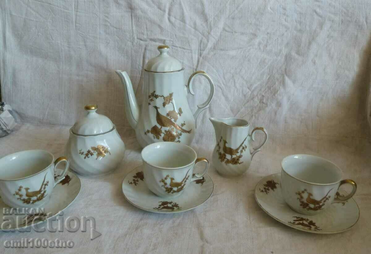 Tea set Teapot sugar bowl jug 3 cups - Birds gilding