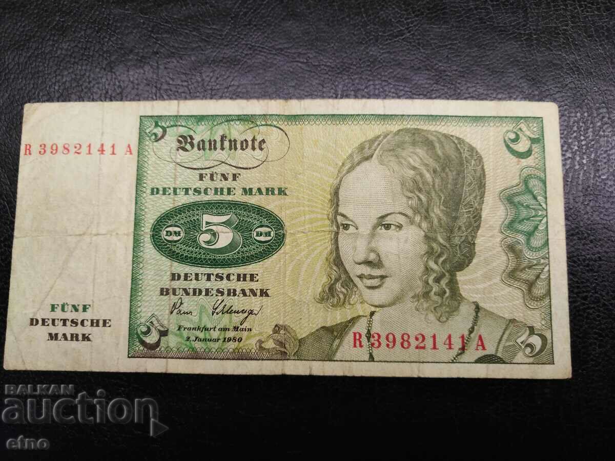 5 stamps 1980 Germany, banknote