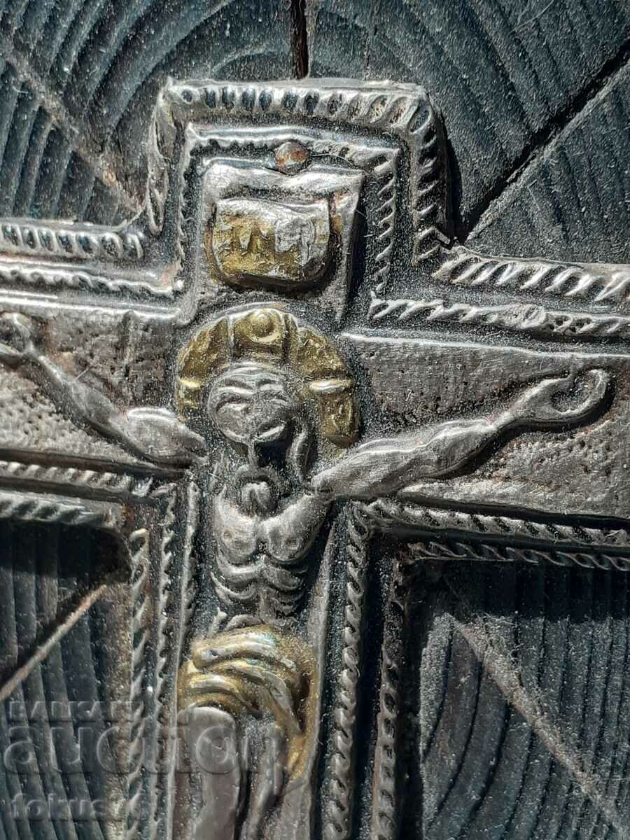 Auction Revival silver cross with gilding on wood Auction Revival silver cross with gilding on wood