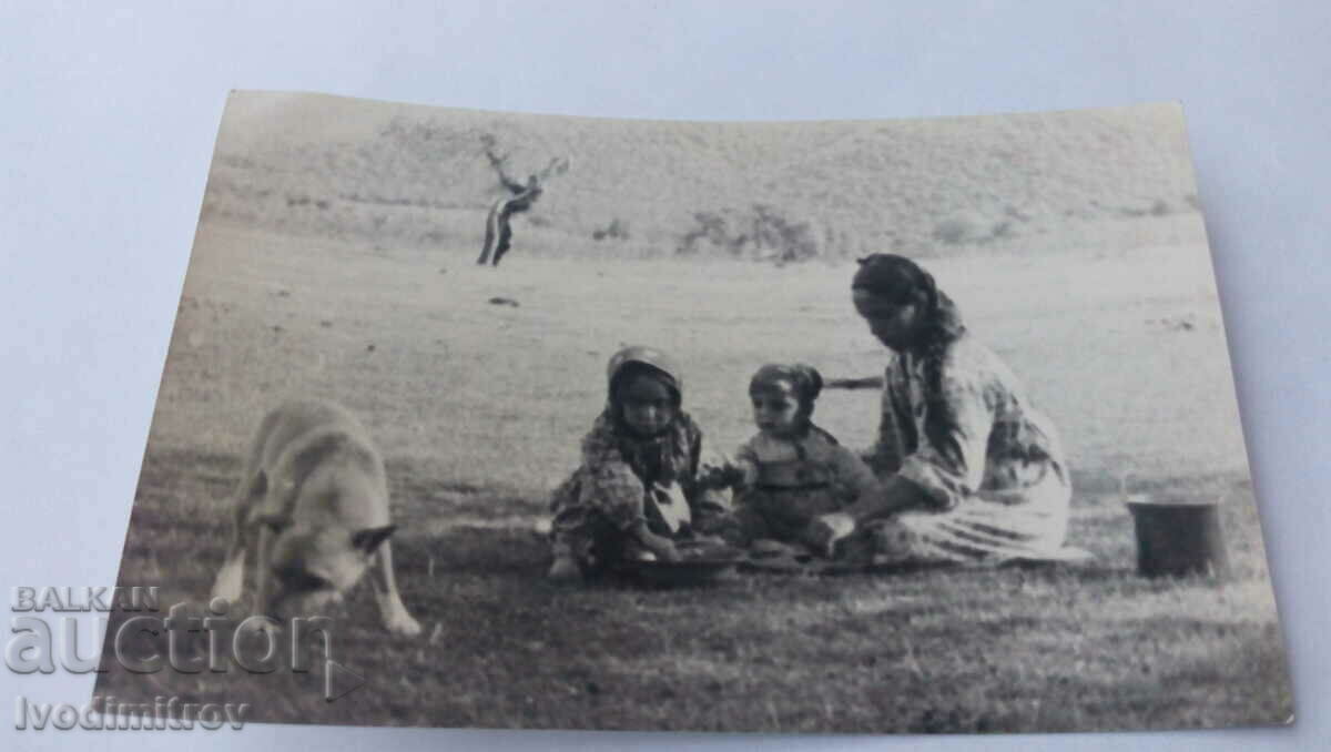 Φωτογραφία Τσιγγάνα με δύο κοριτσάκια και έναν σκύλο στο γρασίδι