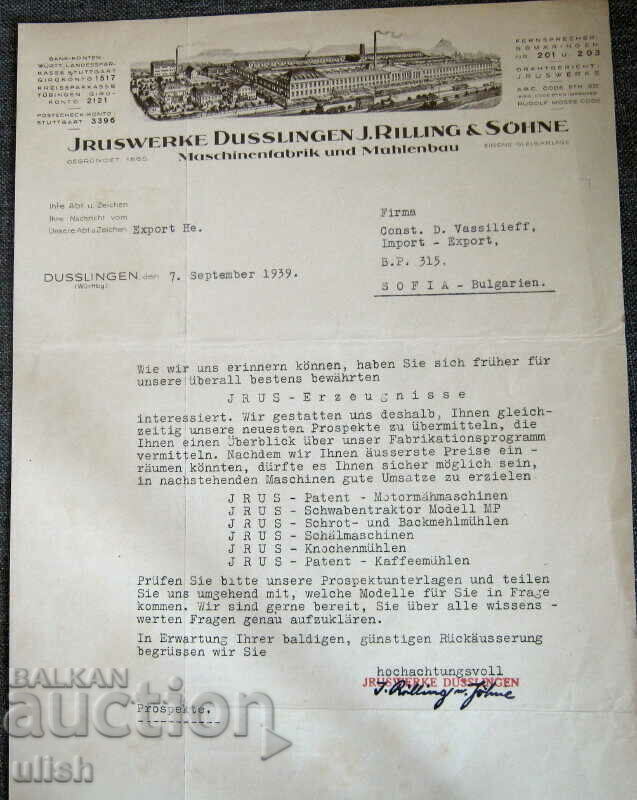 1939 Dusslingen J. Rilling semnătură document cu antet