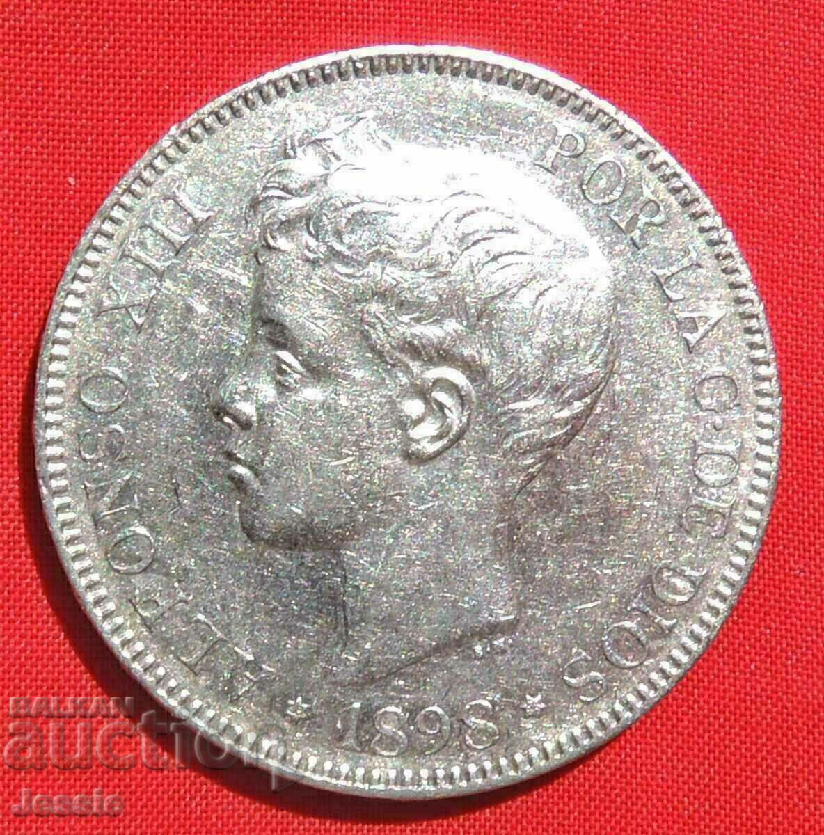 5 Pesetas 1898 S.G.V. Spain silver with price 75.00 BGN | € 38.35 5 Pesetas 1898 S.G.V. Spain silver with price 75.00 BGN | € 38.35