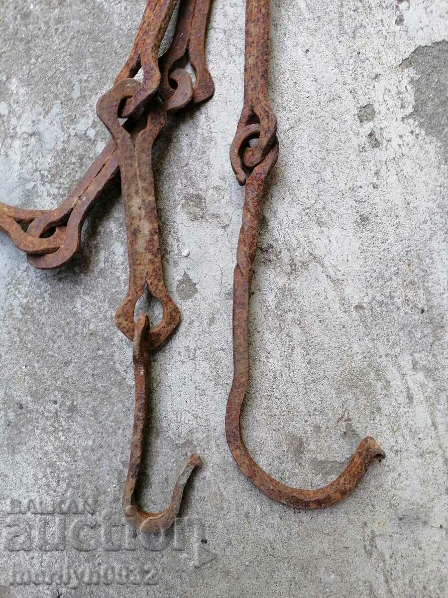 Auction  Old forged chain with hook, hearth for hearth chain hook