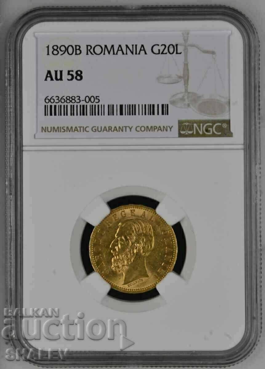 20 Lei 1890 Romania (20 леи Румъния) - AU58 на NGC (злато)