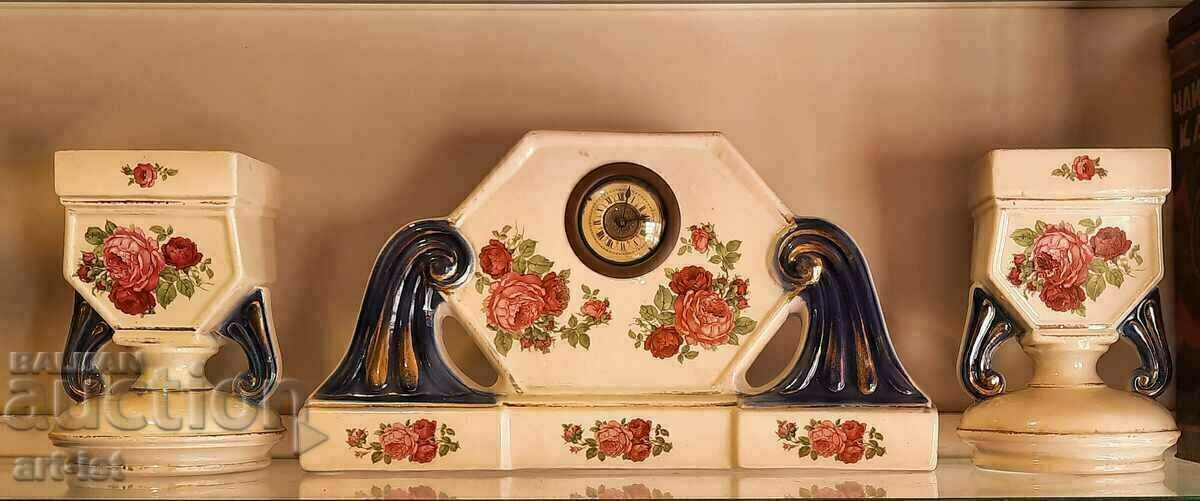 Authentic porcelain mantel clock with two vases Authentic porcelain mantel clock with two vases