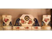 Authentic porcelain mantel clock with two vases
