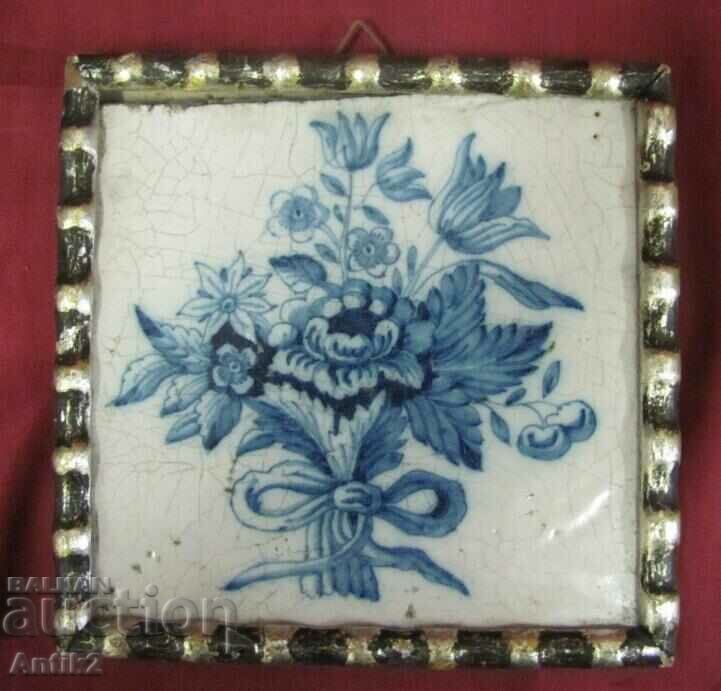 1640. Antique 17c olandez Delft țiglă maiolica Flori policrome