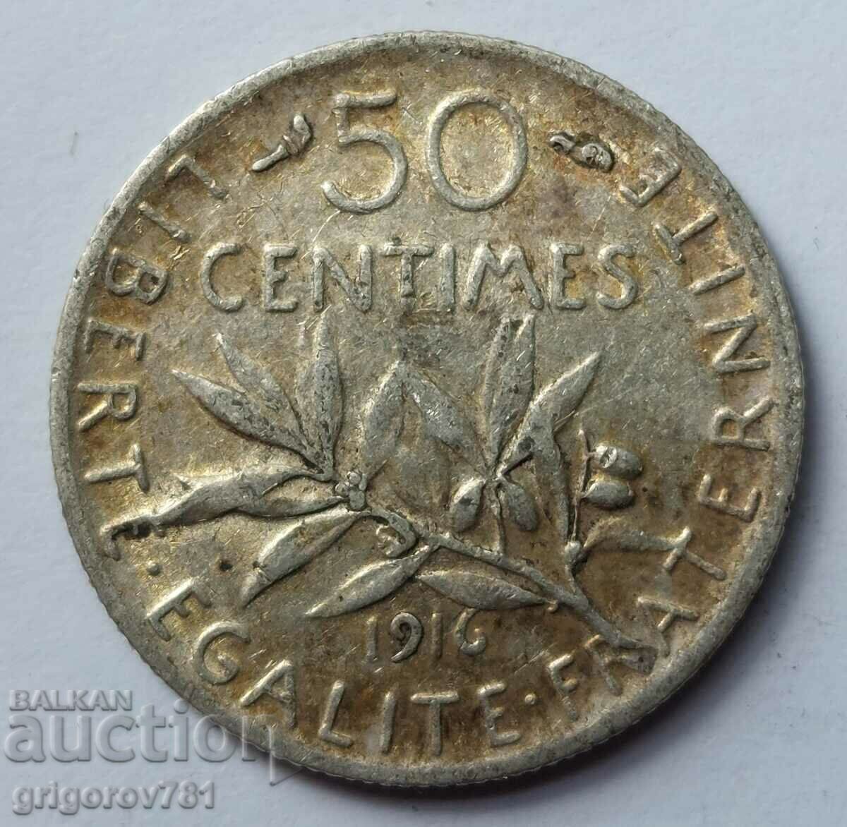 50 сантима сребро Франция 1916 -  сребърна монета №8