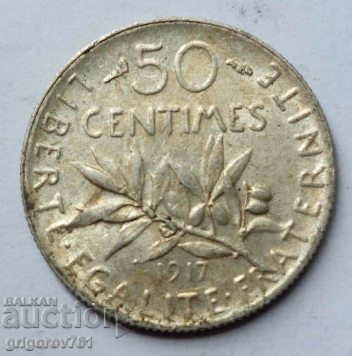 50 сантима сребро Франция 1917 -  сребърна монета №12