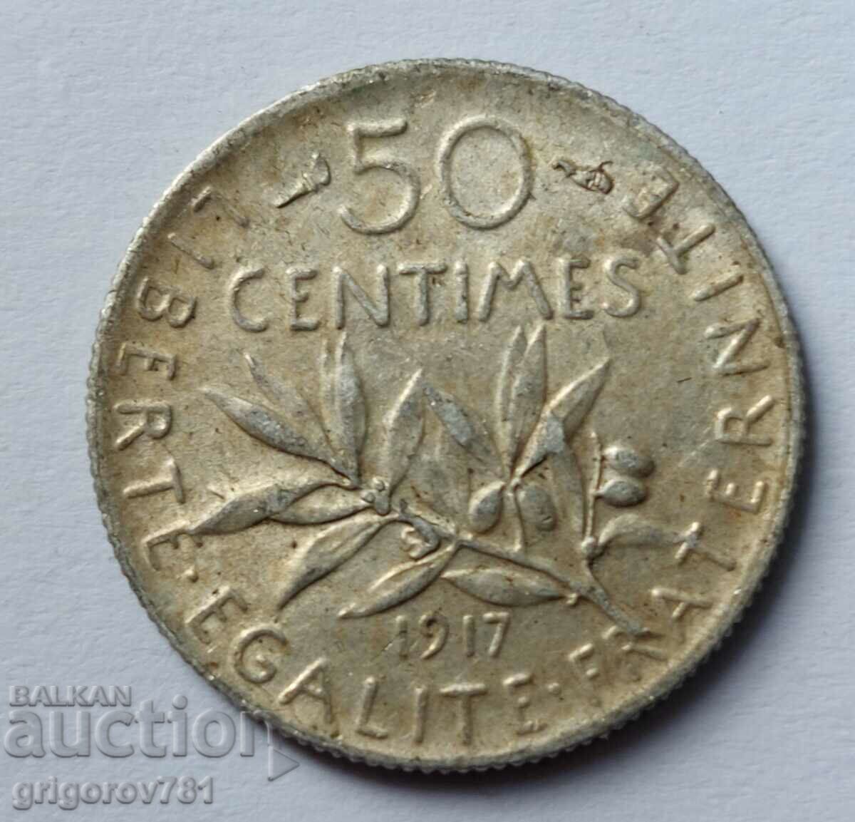 50 сантима сребро Франция 1917 -  сребърна монета №13