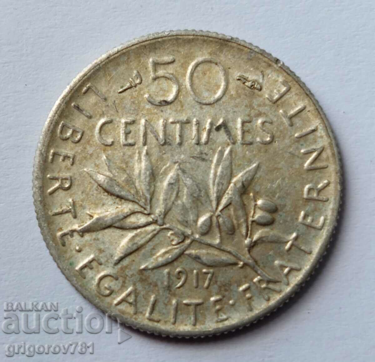 50 сантима сребро Франция 1917 -  сребърна монета №14