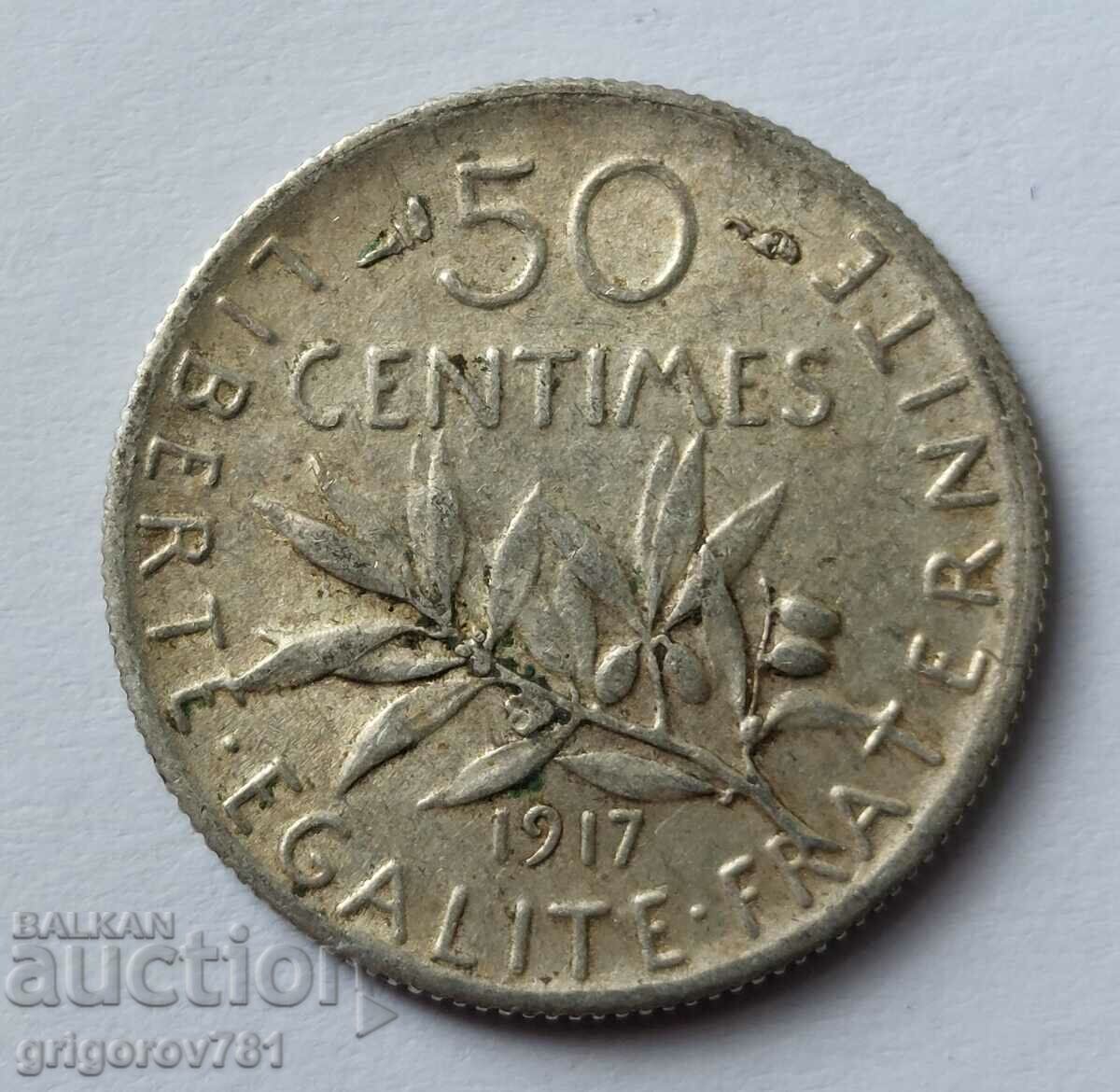 50 сантима сребро Франция 1917 -  сребърна монета №15