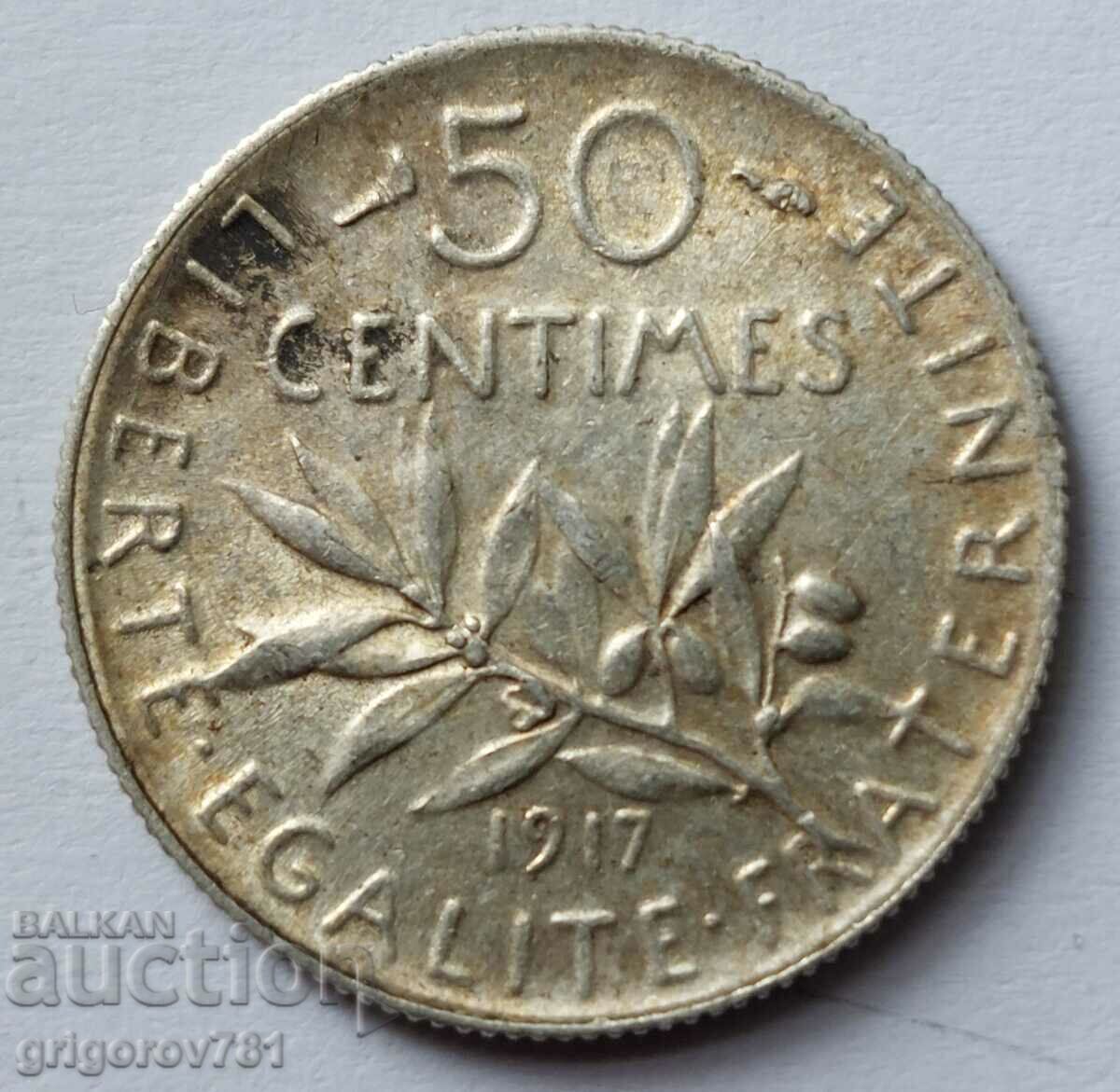 50 сантима сребро Франция 1917 -  сребърна монета №17